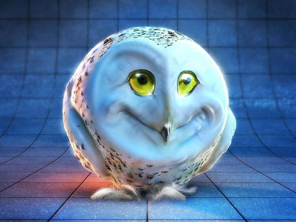 Whimsical Owl Wallpaper: Bright Yellow Eyes & Futuristic Blue Grid