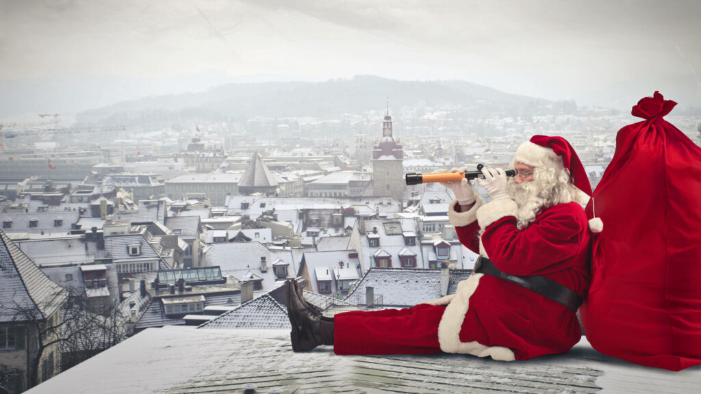 Whimsical Santa on Rooftop: Festive Winter Wallpaper Magic