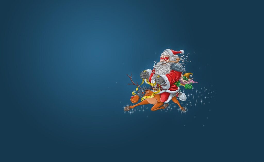 Whimsical Santa & Elf Flying Through a Blue Holiday Wonderland Wallpaper