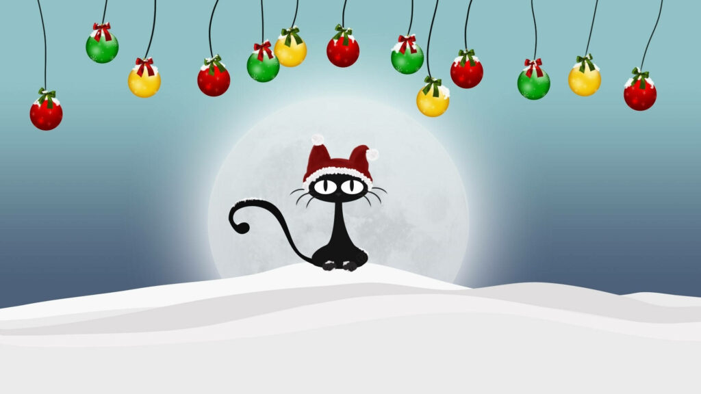 Whimsical Black Cat in Santa Hat: Festive Snowy Wallpaper