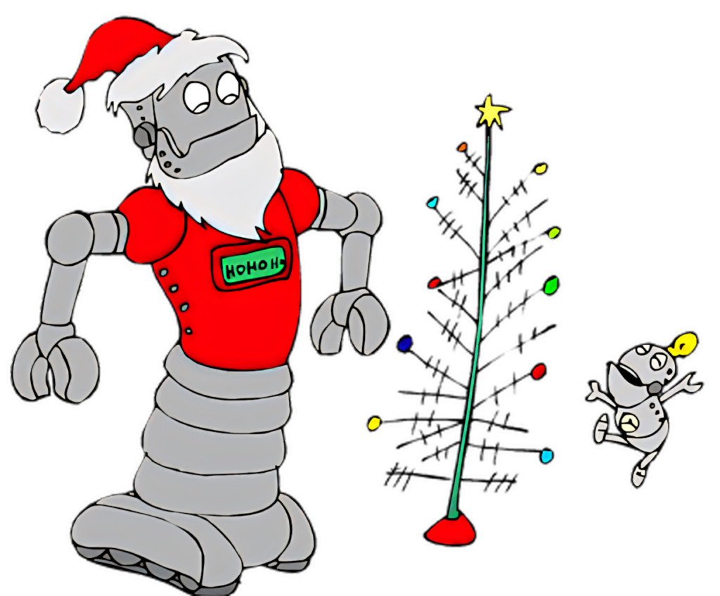 Charming Santa Robot Decorates Christmas Tree with Playful Bot Wallpaper