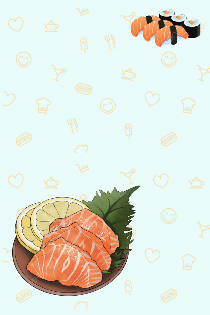 Whimsical Sashimi Wallpaper: Cute Salmon & Sushi Art Design