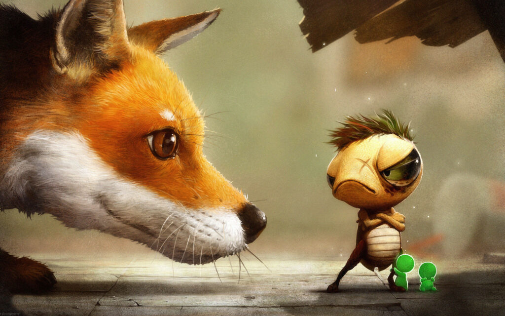 Whimsical Sci-Fi Fox & Alien, Charming Futuristic Wallpaper Background