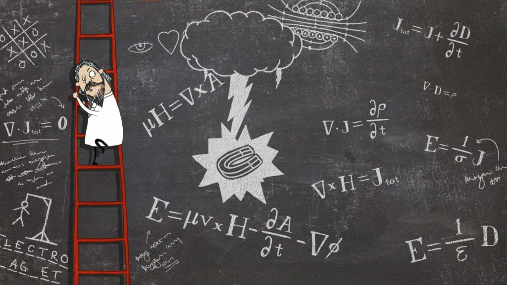Scientist on red ladder with Maxwell equations chalkboard magnetic field burst physics wallpaper