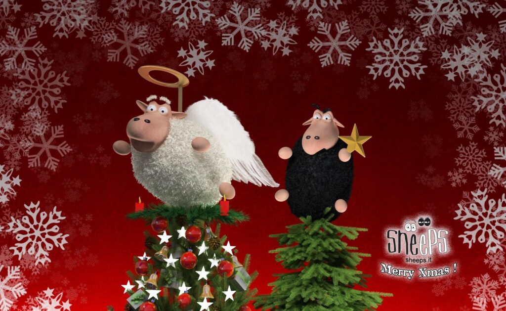 Whimsical Sheep Christmas Wallpaper: Fun Holiday Scene with Snowflakes