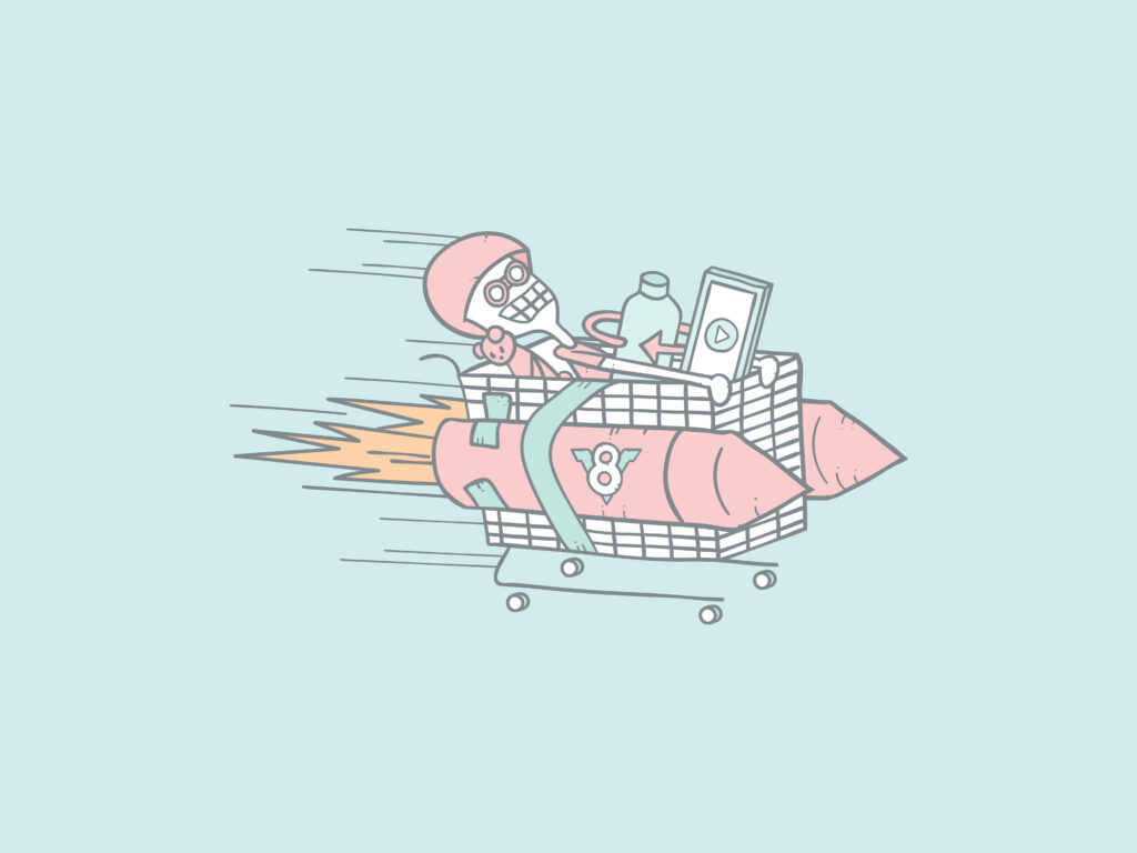 Whimsical Skeleton Pilot in Rocket Cart - Playful Pastel Wallpaper