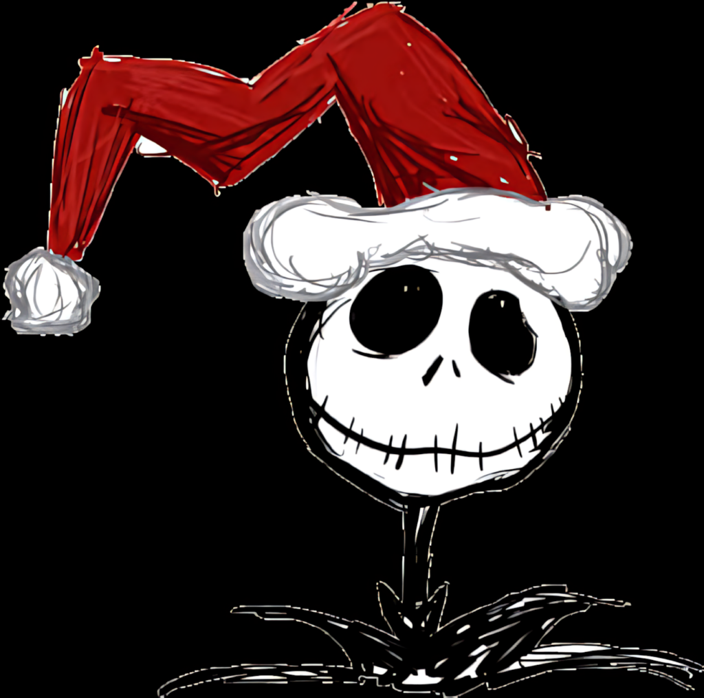 Whimsical Skull Face Character with Red Christmas Hat on Transparent BG Wallpaper
