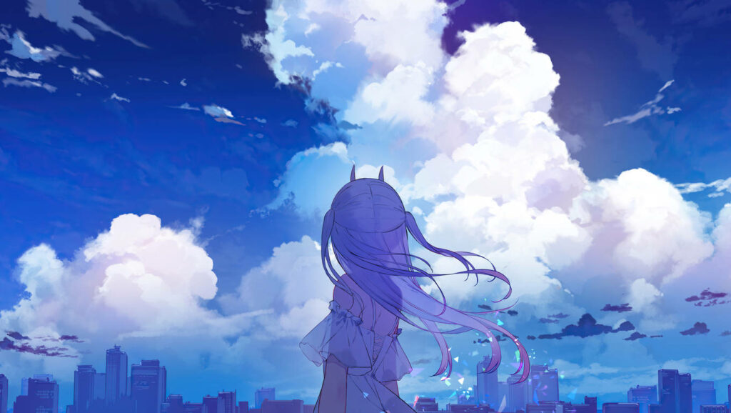 Whimsical Enchantment: Captivating Anime Cityscape with Dreamy Cloud-Gazing Girl Wallpaper