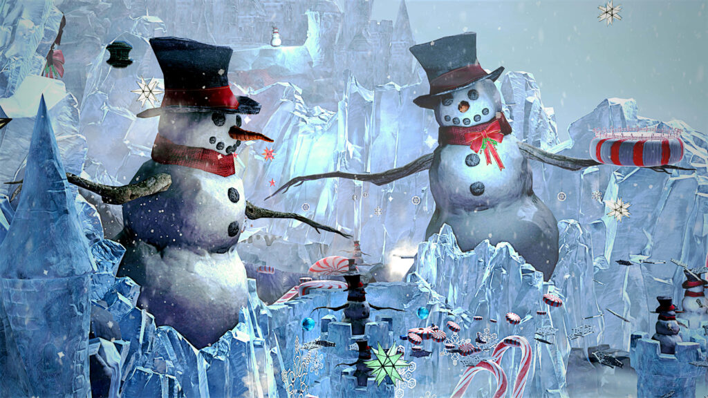 Cheerful Snowmen Wallpaper: Magical Winter Scene with Snowflakes