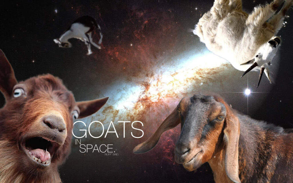 Whimsical Goat Wallpaper: Playful Space Scene with Galaxies