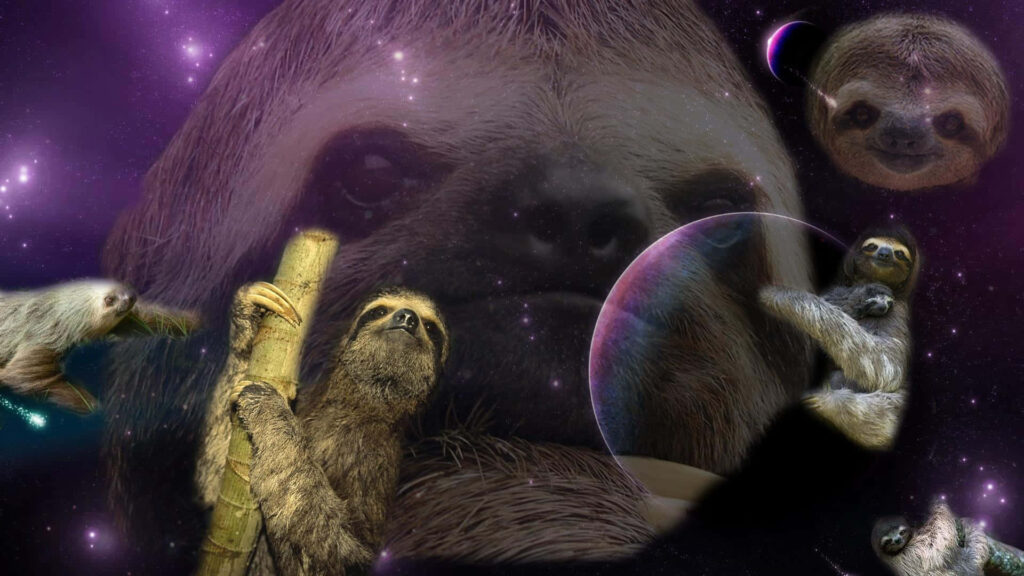 Whimsical Space Sloths Wallpaper: Cosmic Collage of Fantasy & Serenity