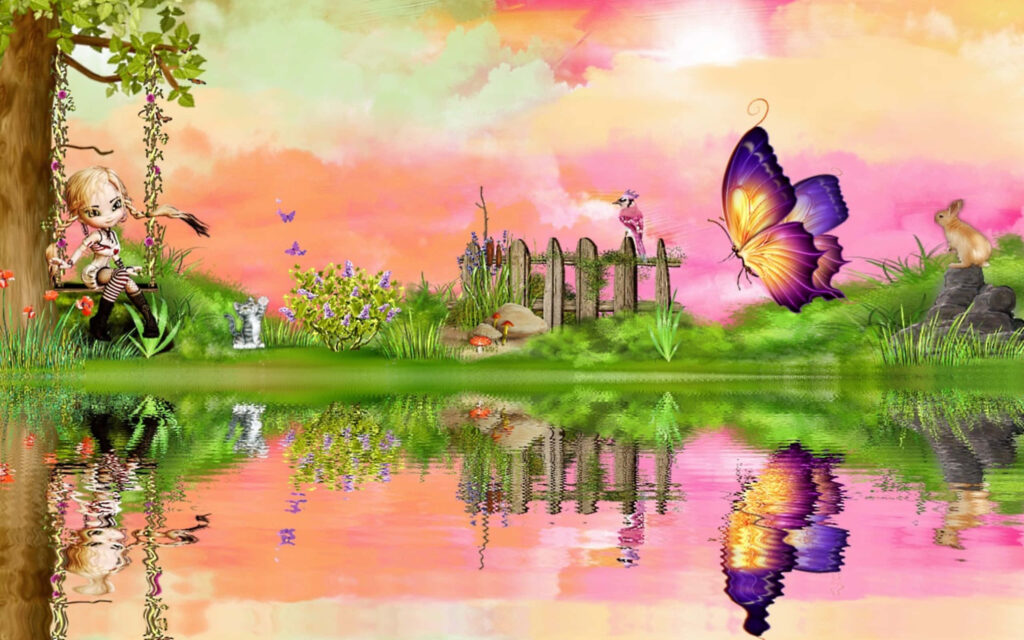 Whimsical Spring Fantasy Wallpaper: Girl, Butterfly & Blooming Nature