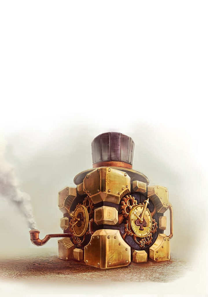 Whimsical Steampunk Cube Robot Wallpaper with Gears & Top Hat