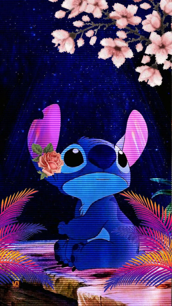 Whimsical Stitch Wallpaper: Enchanting Galaxy Scene with Cherry Blossoms