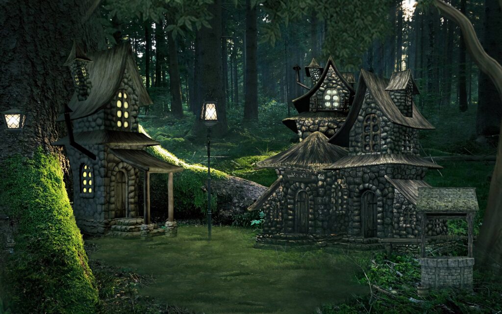 Whimsical stone cottages in lush green forest with glowing windows and soft light fantasy wallpaper