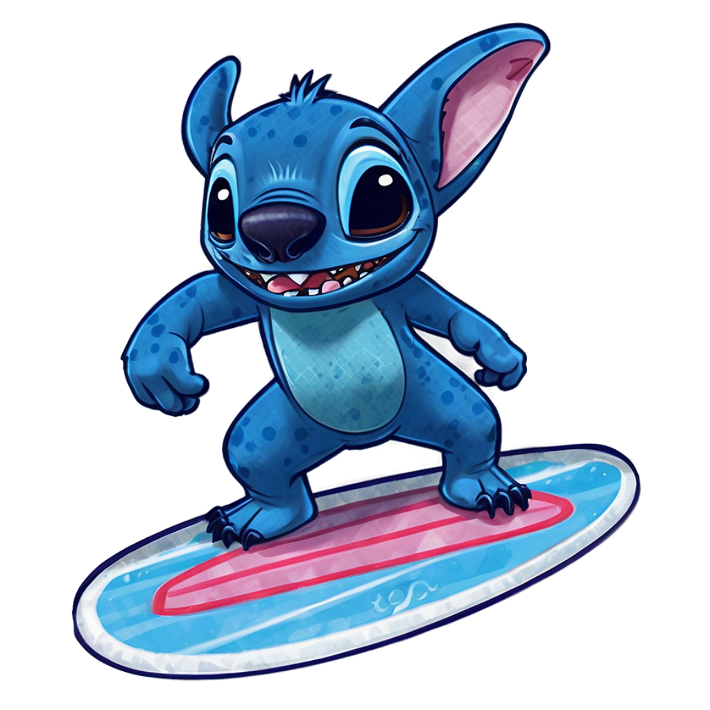 Cute Animated Character Surfing on Colorful Surfboard Against Blue Sky Wallpaper
