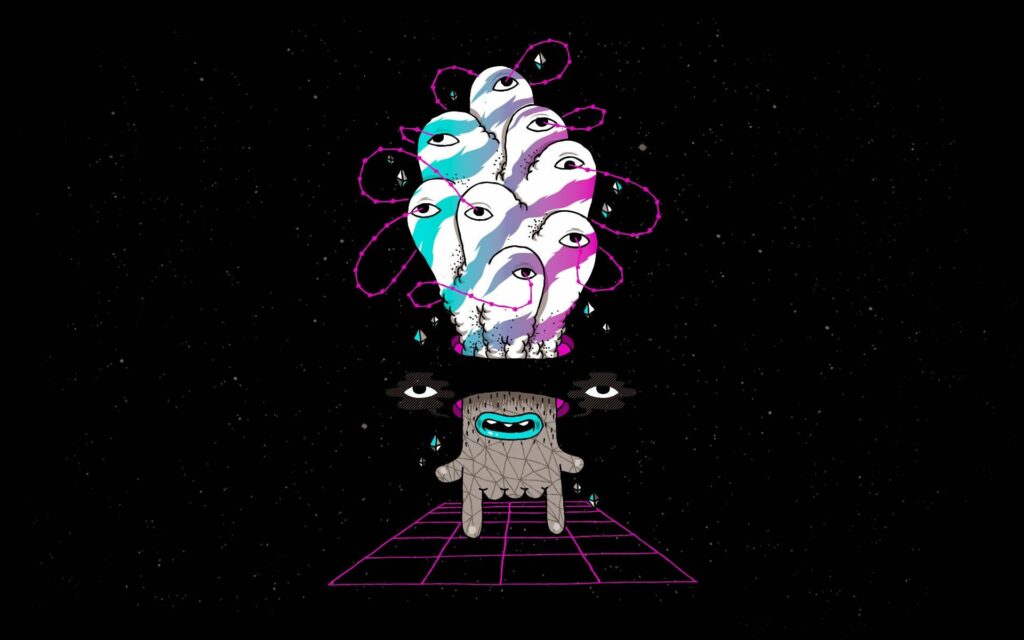 Surreal 1920x1200 Wallpaper: Whimsical Figure & Cosmic Eyes Design