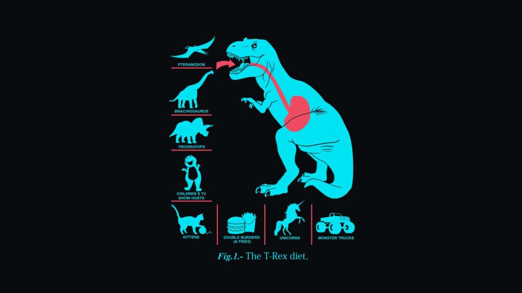 Whimsical T-Rex Diet: Cartoonish Feast of Dinosaurs & Fun! Wallpaper