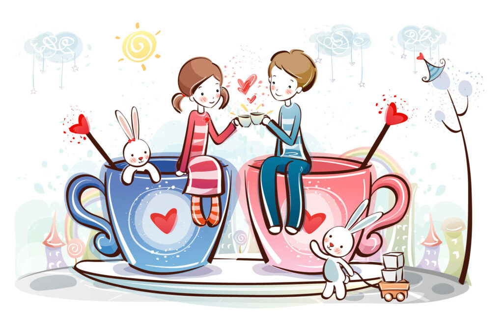 Charming Cartoon Duo Enjoys Tea in Heart-shaped Cups - Delightful Couple Cartoon Background Wallpaper