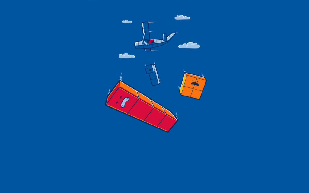 Quirky Tetris Blocks Skydiving Wallpaper with Blue Sky & Clouds