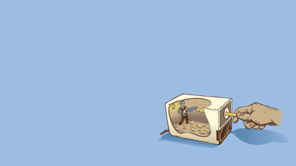 Whimsical Toaster Miner in Blue - Cute Treasure Mining Wallpaper