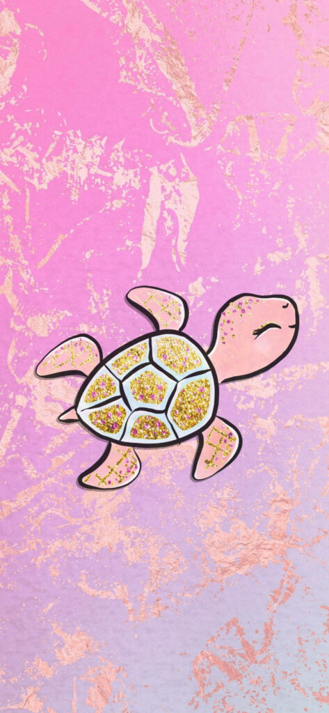 Charming turtle artwork with glittery shell on pink and purple marble textured wallpaper background