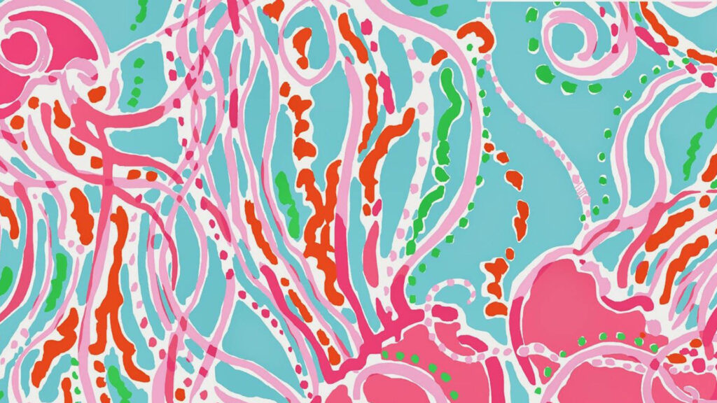 Whimsical underwater wallpaper with pink green jellyfish vibrant flowing tentacles blue background