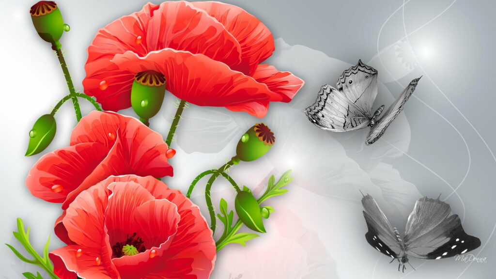 Blooming Nature: A Vibrant Vector Paradise with Flowers, Butterflies, and Maki in High-Definition Wallpaper