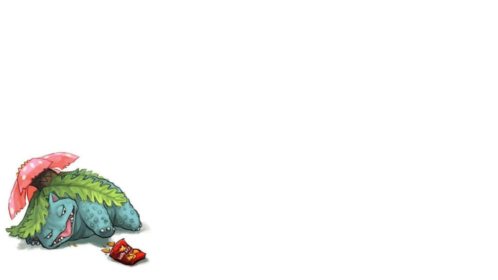 Whimsical Venusaur Napping Under Parasol with Doritos - Cute Art Wallpaper