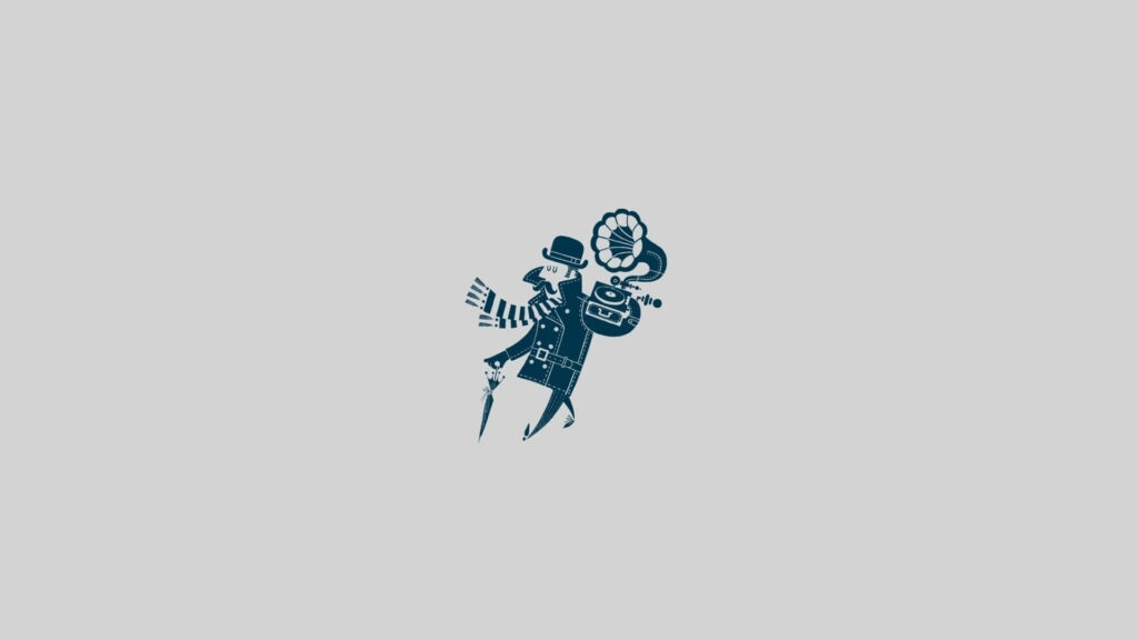 Whimsical Vintage Wallpaper: Character with Gramophone on Grey Background