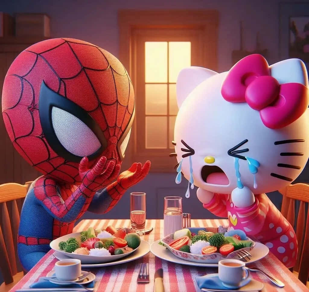 Heartwarming Spiderman & Hello Kitty Cozy Dinner Scene Wallpaper