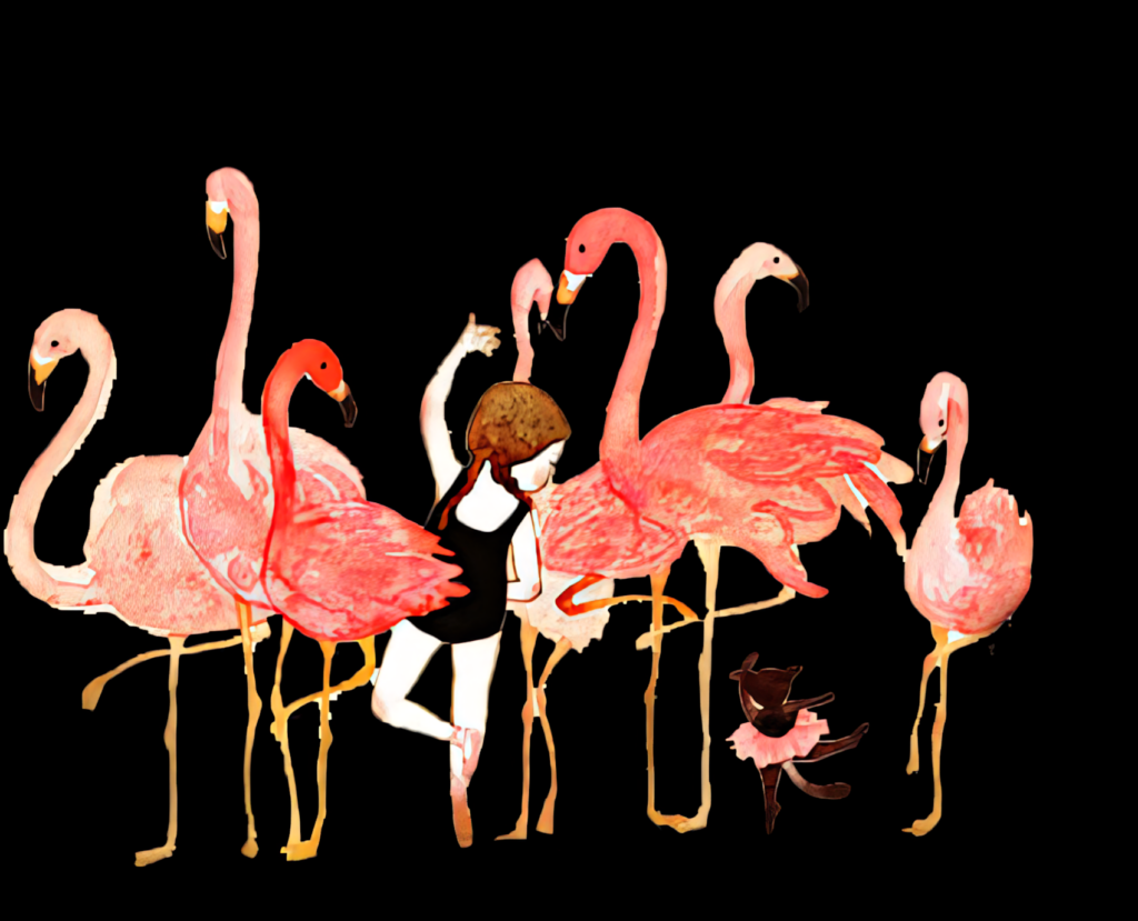 Whimsical Wallpaper: Girl Dancing with Vibrant Flamingos Background