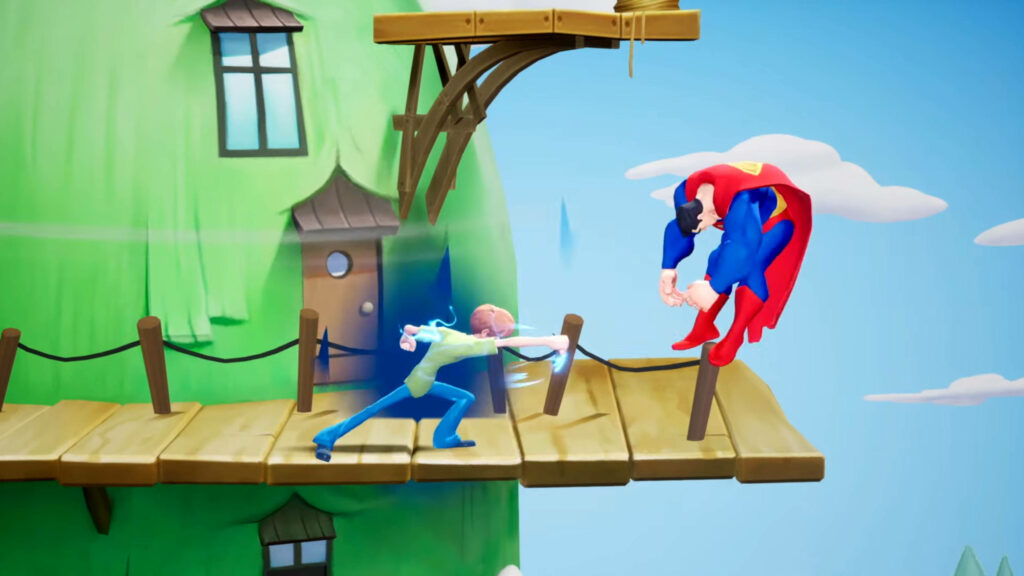 Shaggy vs. Superman: A Funny Showdown on a Colorful Bridge Wallpaper