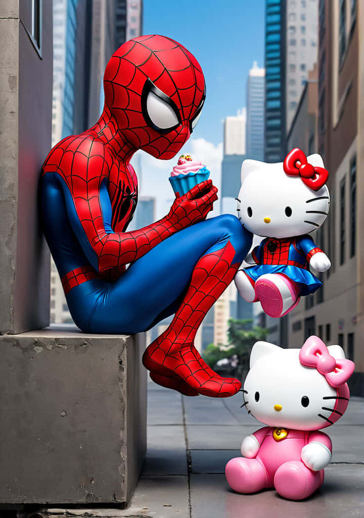 Spider-Man and Hello Kitty: A Whimsical Cityscape Meetup Wallpaper