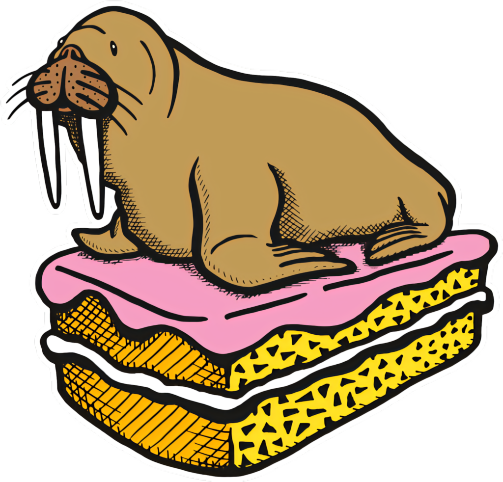 Whimsical Walrus on Colorful Macaron - Playful Cartoon Illustration Wallpaper