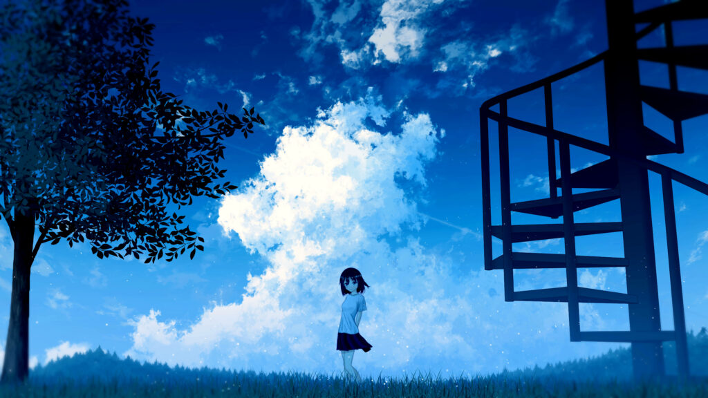 Blustery Beauty: Animated Girl Amidst Cloudy Fields Wallpaper
