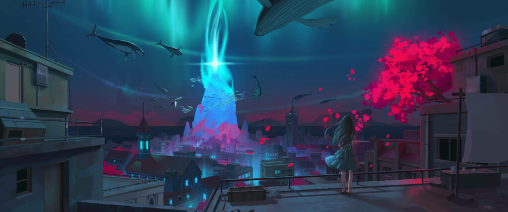 Enchanting Balcony: Whales and Blue Light Illuminate a Dreamlike Anime World in Stunning Ultra-Wide 4K Wallpaper