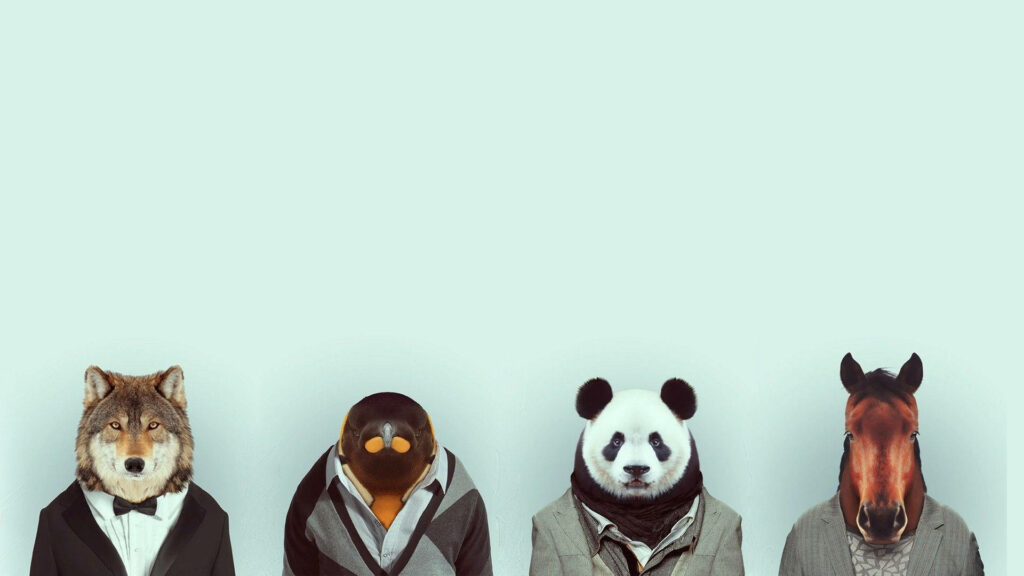 Whimsical Animal-Headed Quartet Creating An Indie Aesthetic Vibe on a Light Blue Laptop Wallpaper