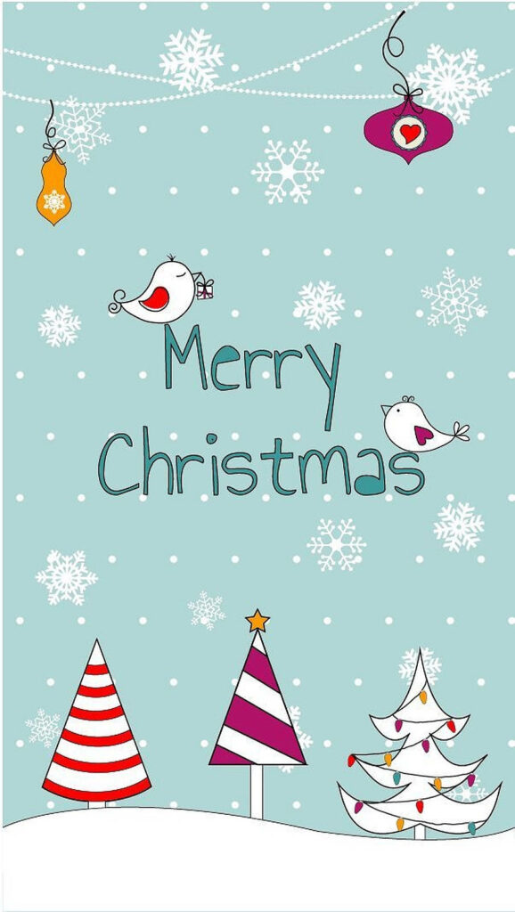 Playful Christmas Wallpaper with Birds & Trees on Soft Blue Background