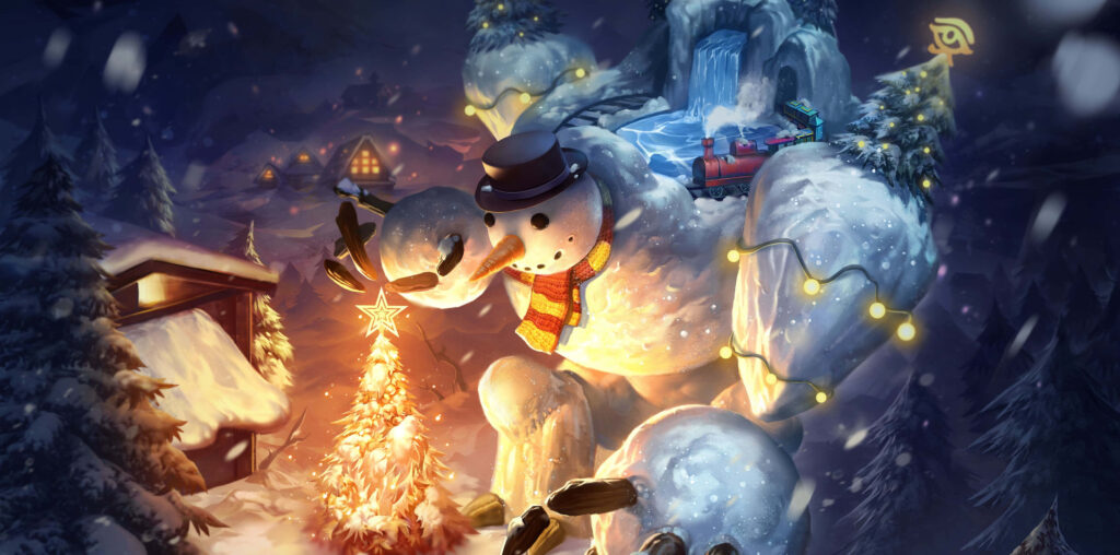 Charming Winter Wonderland: Giant Snowman & Cozy Cottages Wallpaper