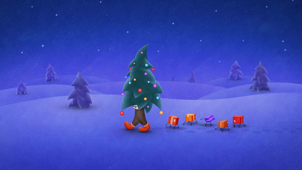 Whimsical Winter Scene: Walking Christmas Tree & Gifts Under Stars Wallpaper