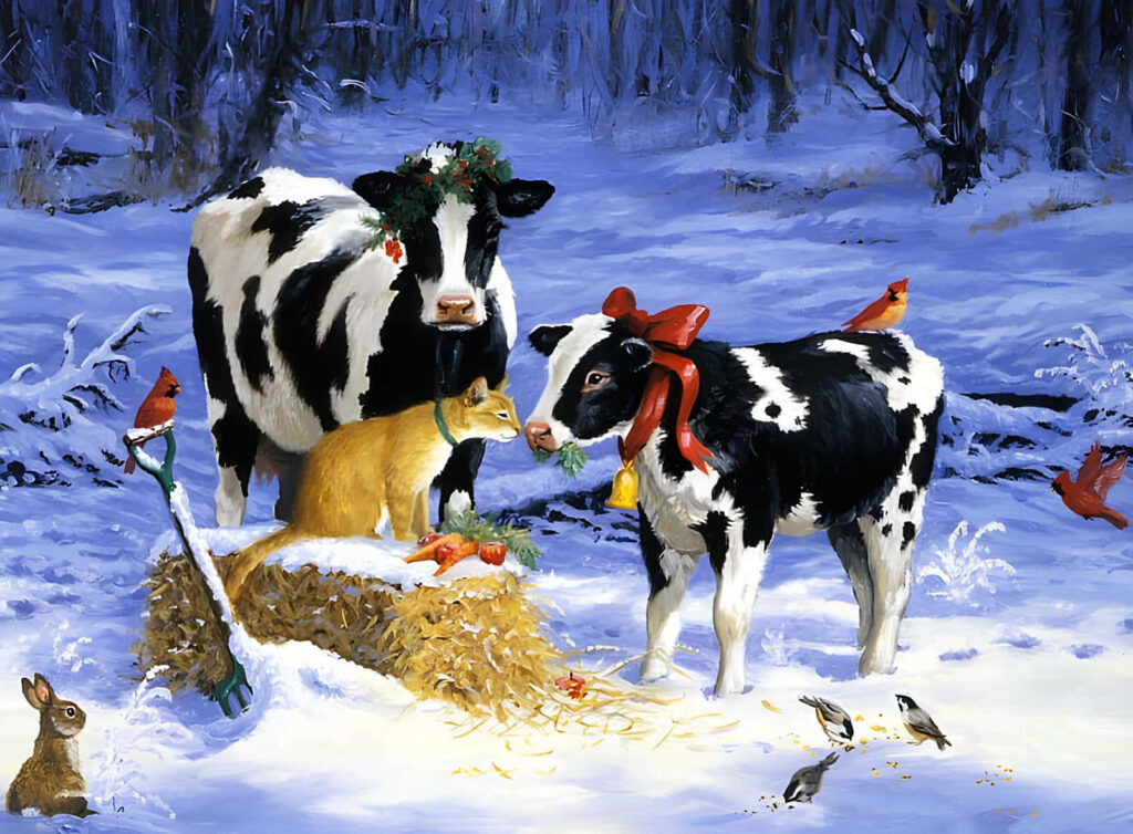 Whimsical Winter Wallpaper: Festive Cows & Wildlife in Snowy Scene