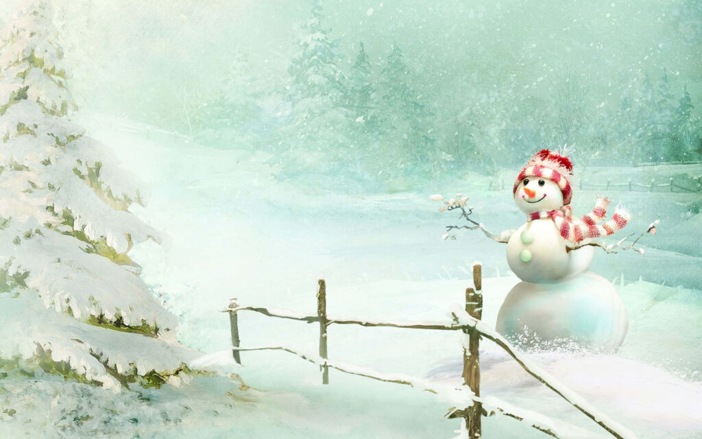 Cheerful Snowman in Whimsical Winter Wonderland - Festive Scene Wallpaper