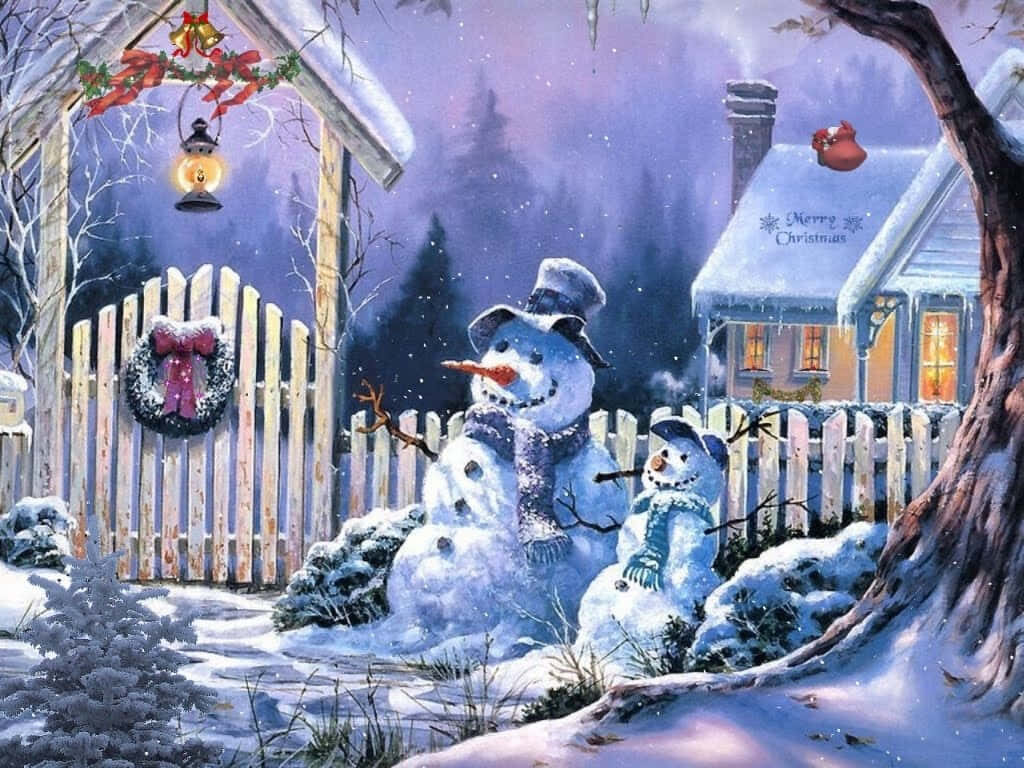 Cozy Winter Scene Wallpaper: Snowmen, Lanterns & Christmas Cheer