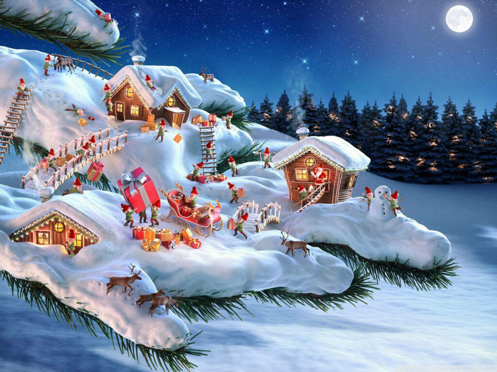 Whimsical Winter Wallpaper: Christmas Elves in a Snowy Village
