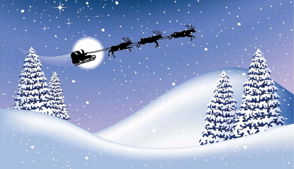 Charming Winter Scene Wallpaper: Sleigh & Reindeer Under Starlit Sky