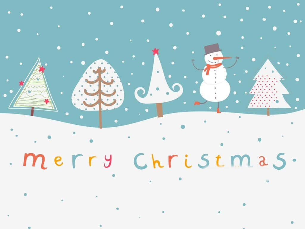 Whimsical Winter Wallpaper: Cheerful Snowman & Christmas Trees
