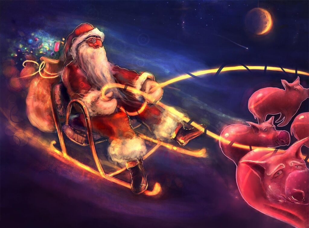 Whimsical Santa Claus Wallpaper: Christmas Adventure with Pigs