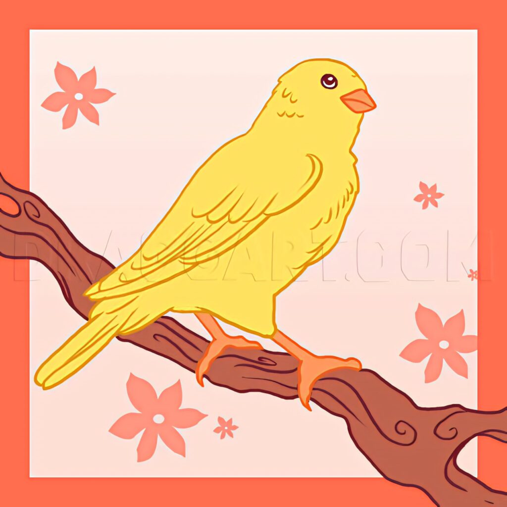 Bright Yellow Canary Wallpaper with Coral Flowers & Soft Pink Background