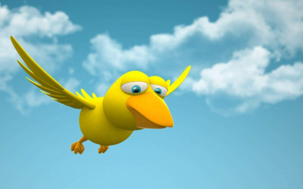 Whimsical Yellow Cartoon Bird Wallpaper with Blue Sky & Clouds